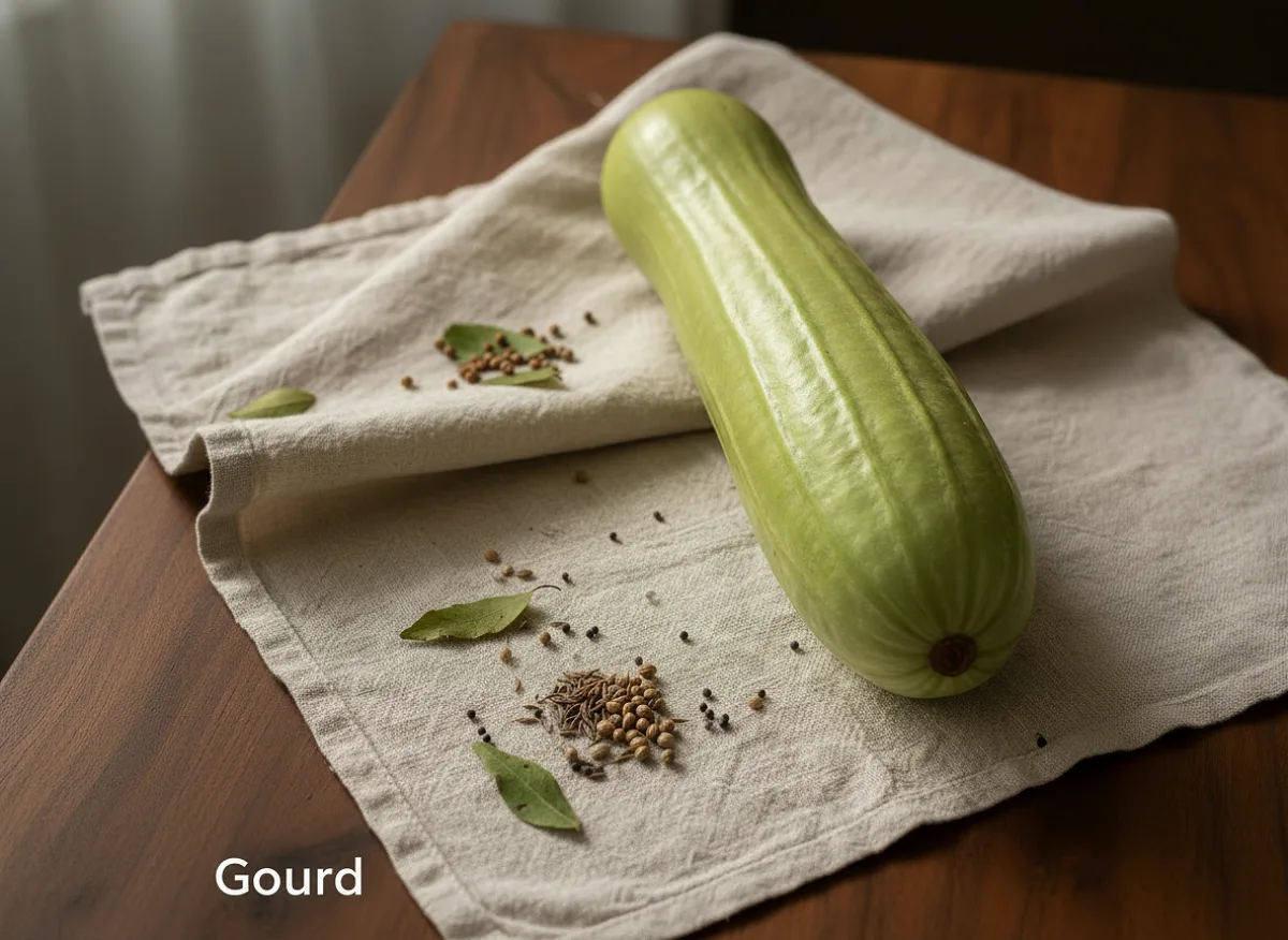Fresh bottle gourd with light green skin, whole and halved to show white flesh and seeds inside.