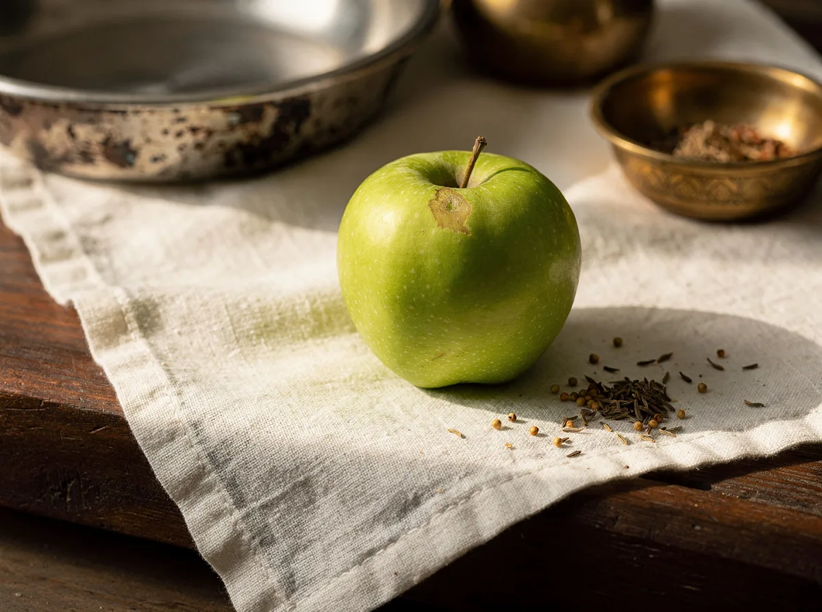 Fresh green apple with smooth skin, whole and halved, showing white flesh and seeds inside.
