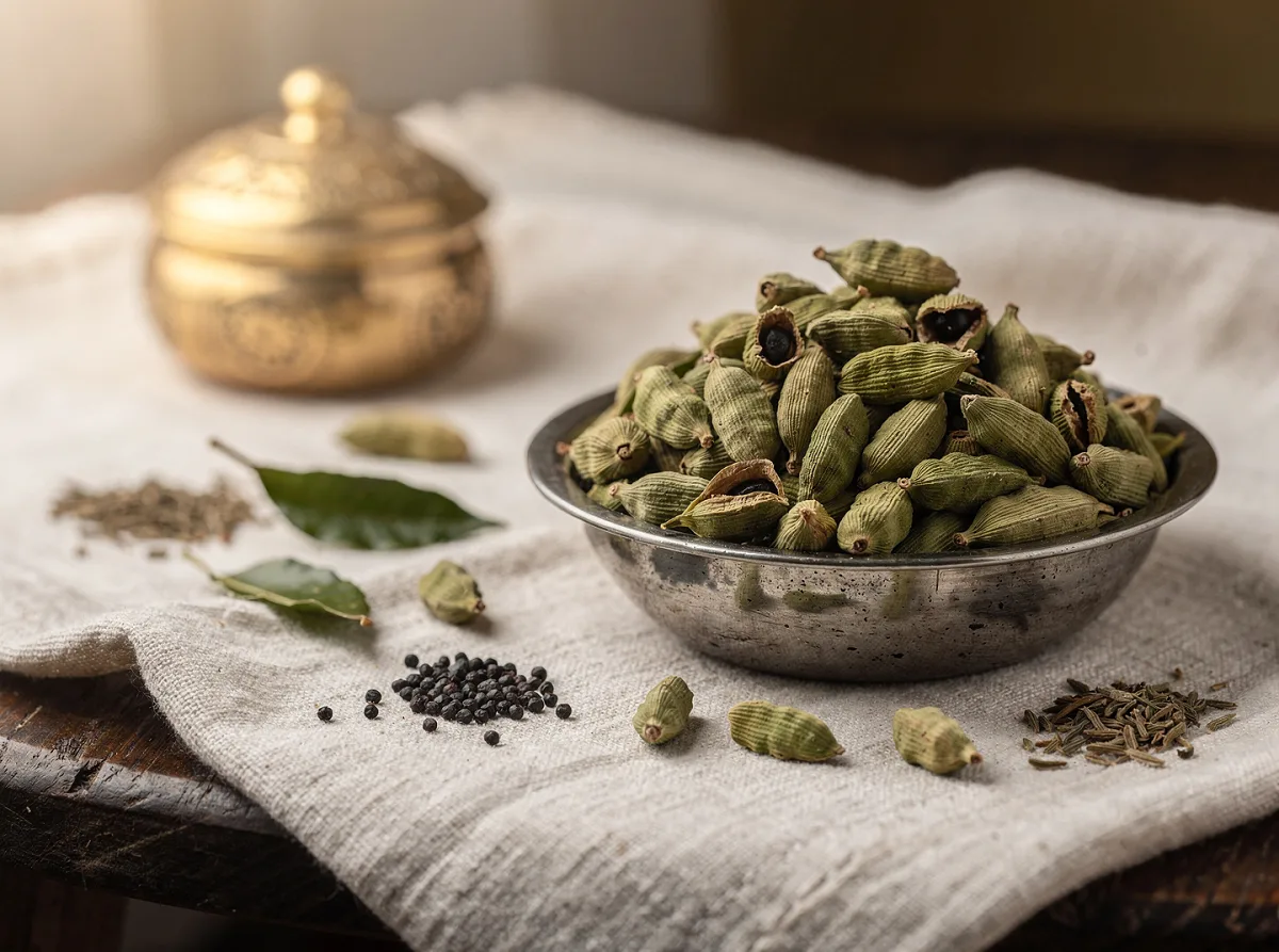 Whole dried green cardamom pods with visible ridges and aromatic black seeds inside.