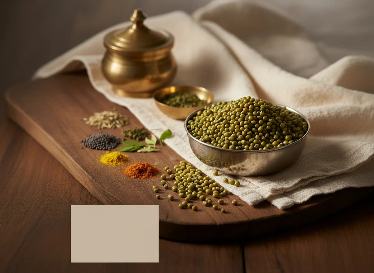 Whole green mung beans, small round dried legumes with glossy green skin, scattered on a white surface.
