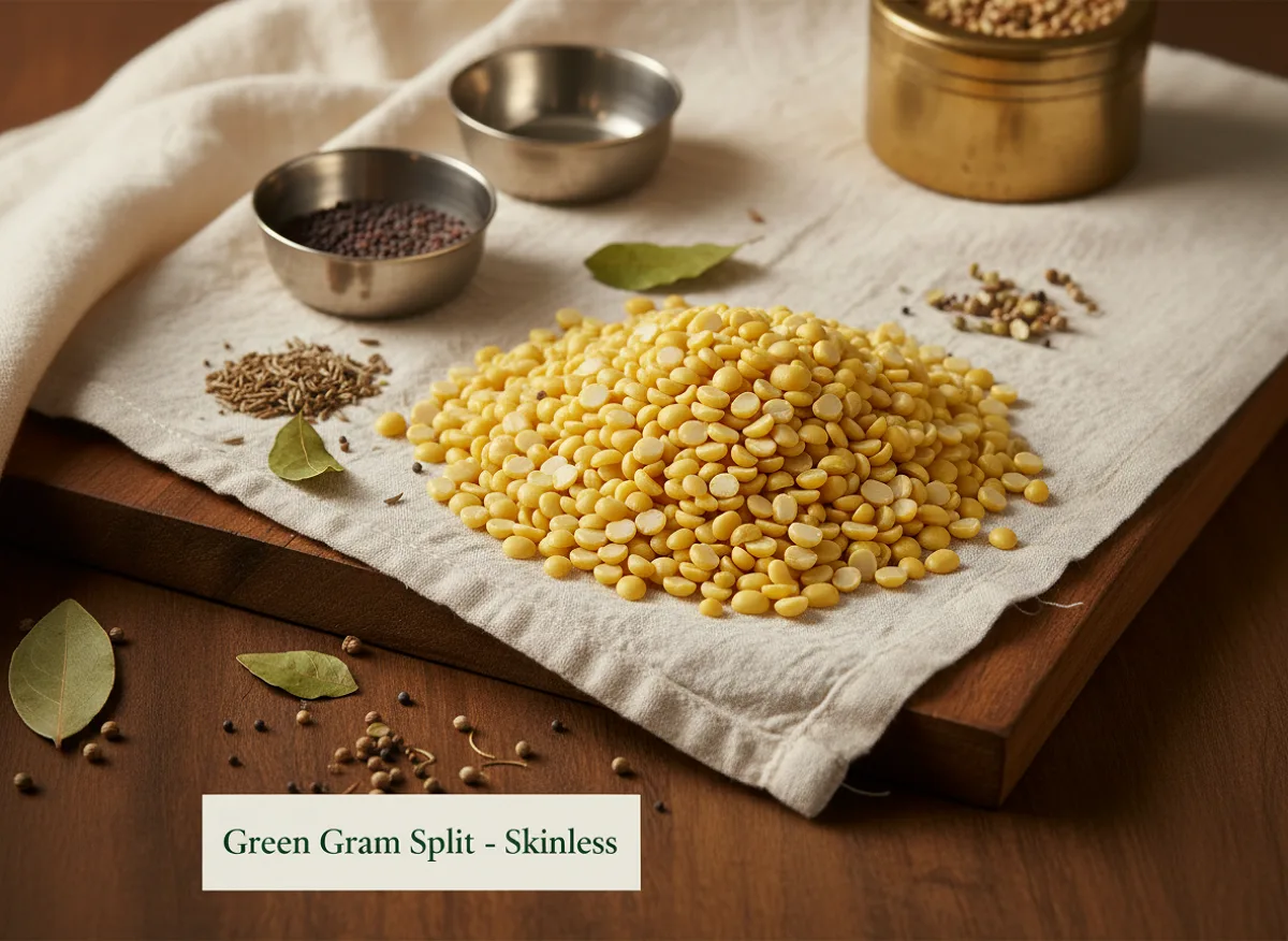 Close-up of dried yellow split mung beans (skinless mung dal) in a white bowl, showing uniform small round grains.