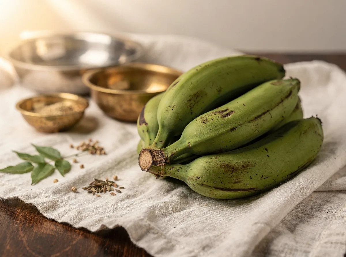 Fresh green plantains with thick skin, whole and sliced, showing white starchy flesh inside.