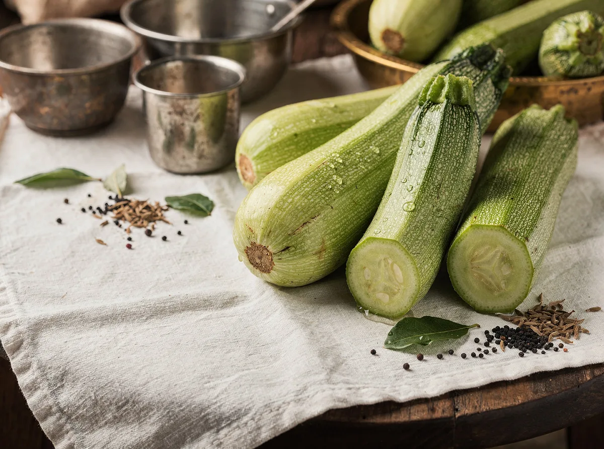 Fresh green zucchini with smooth skin, whole and sliced pieces on a wooden board.