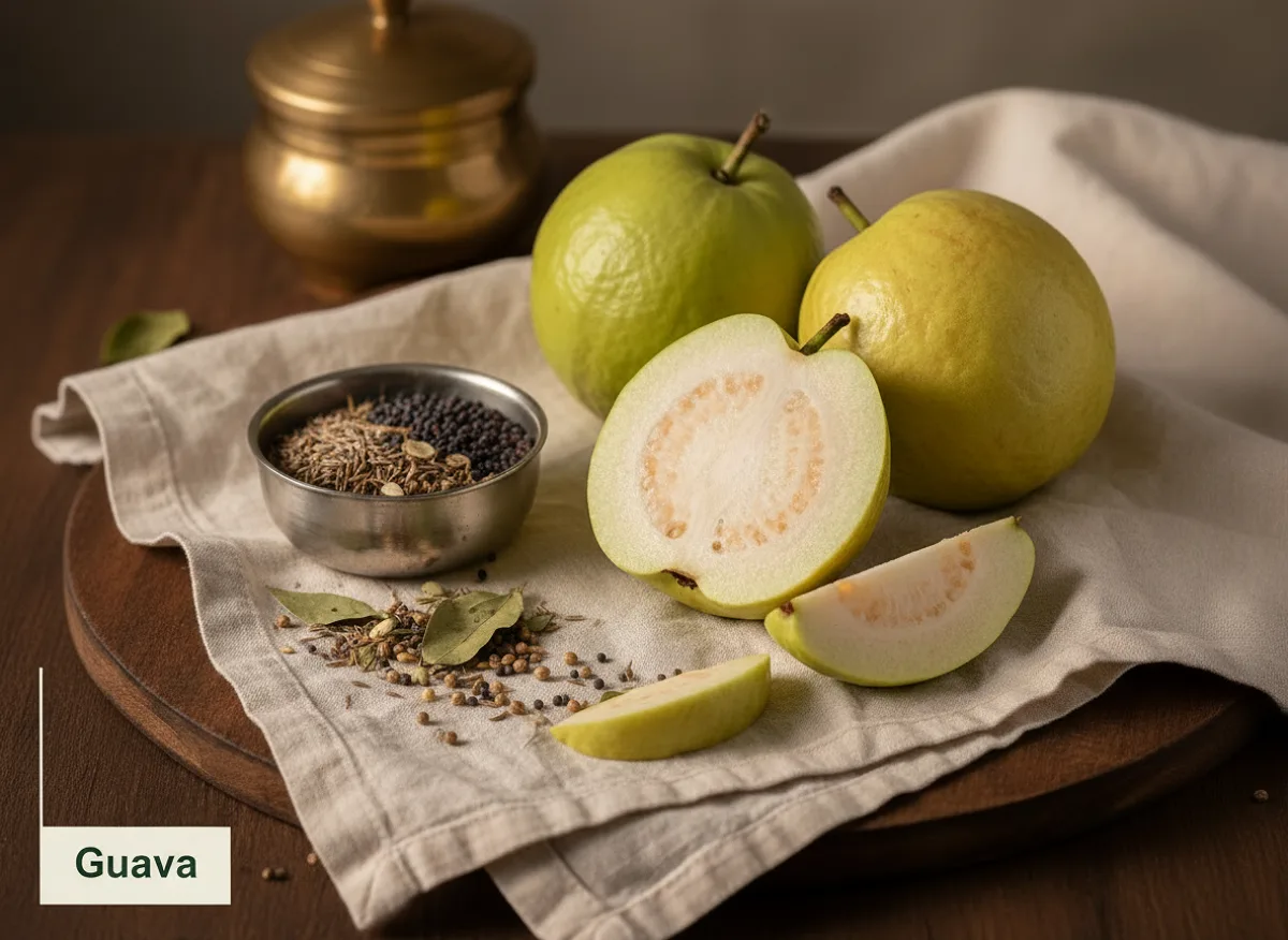 Fresh guava with pale green skin and white flesh, whole and halved, showing small seeds inside.