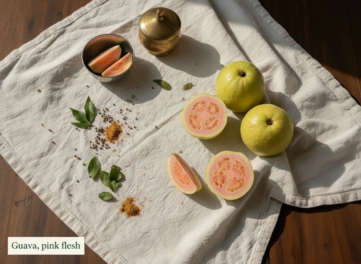 Fresh pink guava with light green skin, whole and halved showing pink flesh and seeds