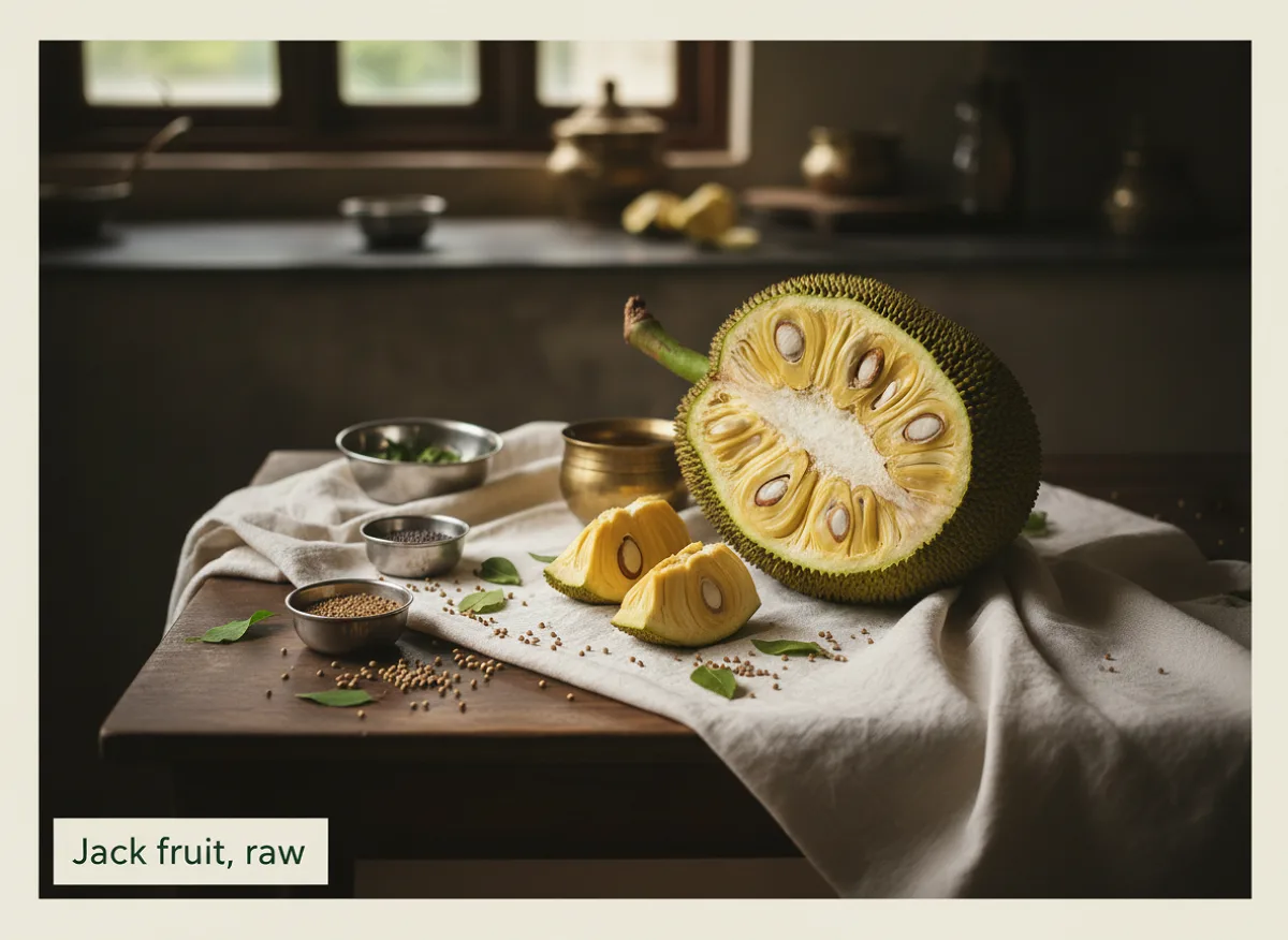 Whole raw jackfruit with green bumpy skin and spiky exterior, cut open to show pale yellow fibrous flesh inside.