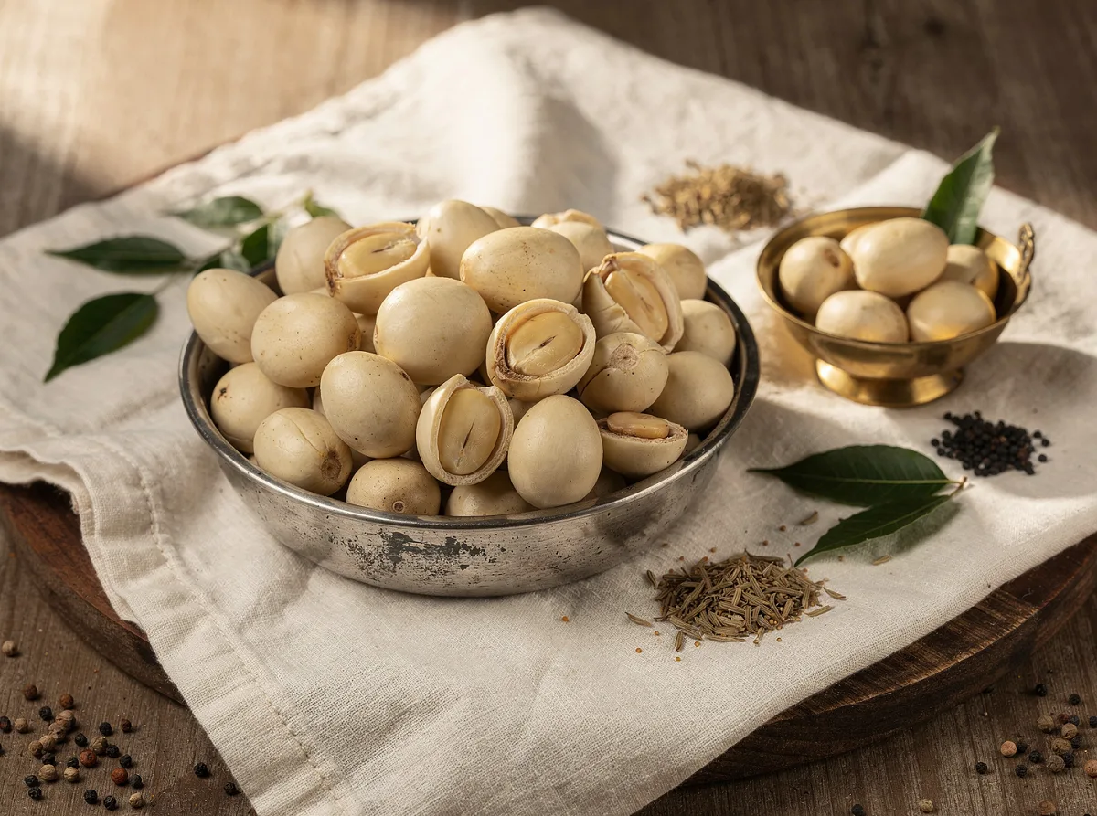 Whole and halved mature jackfruit seeds with light brown outer shell and cream-coloured kernel
