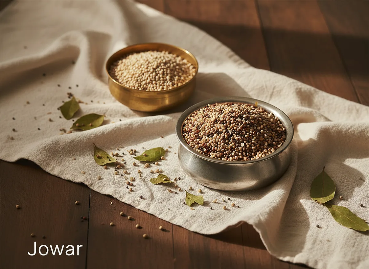 Whole jowar grains, white and round, in a wooden bowl with a metal scoop.