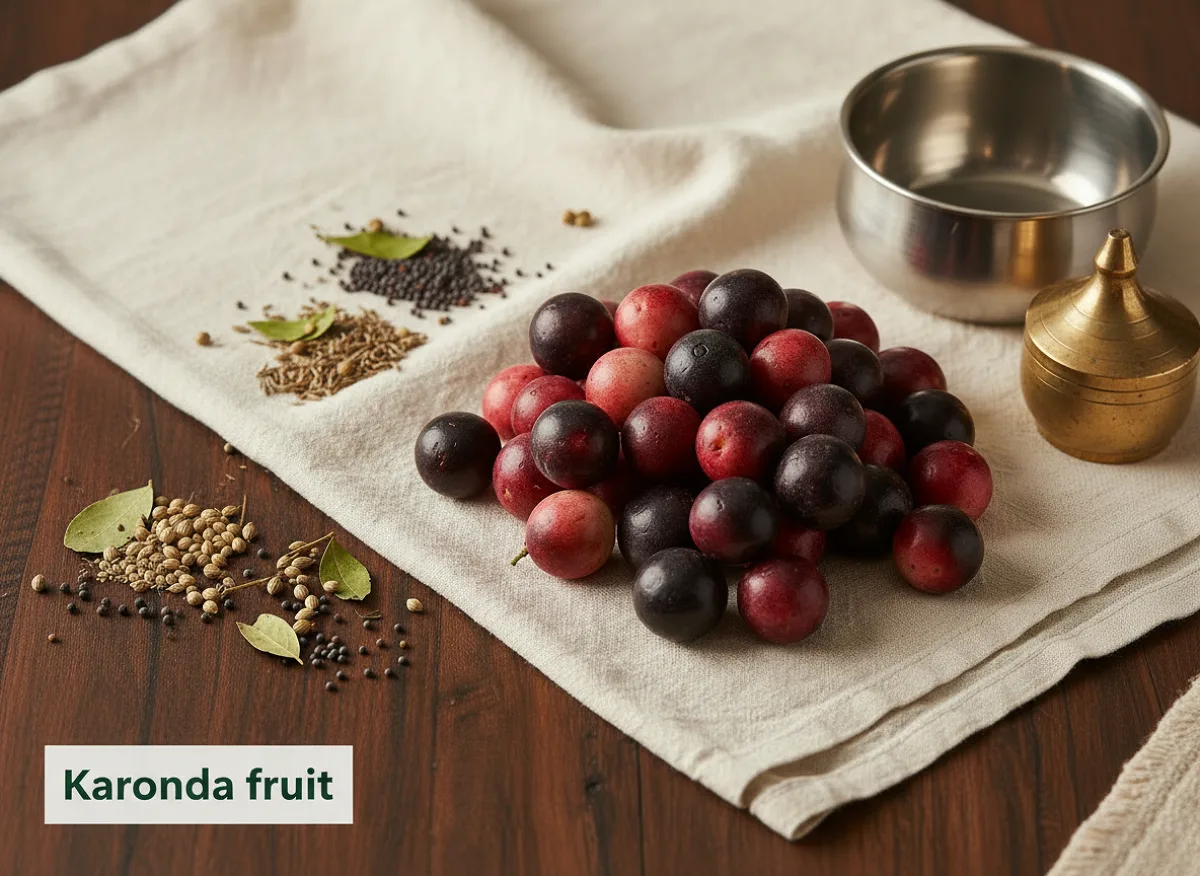Small dark red to black round karonda fruits with glossy skin, whole and fresh
