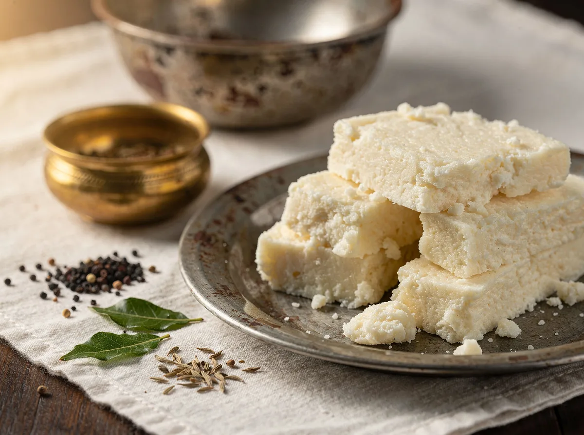 Close-up of khoa (mawa) - pale brown, granular milk solids in a white bowl.