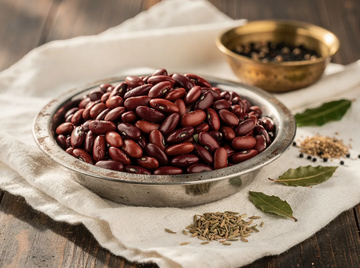 Dried red kidney beans (rajma) in a pile, showing whole beans with glossy deep red skin