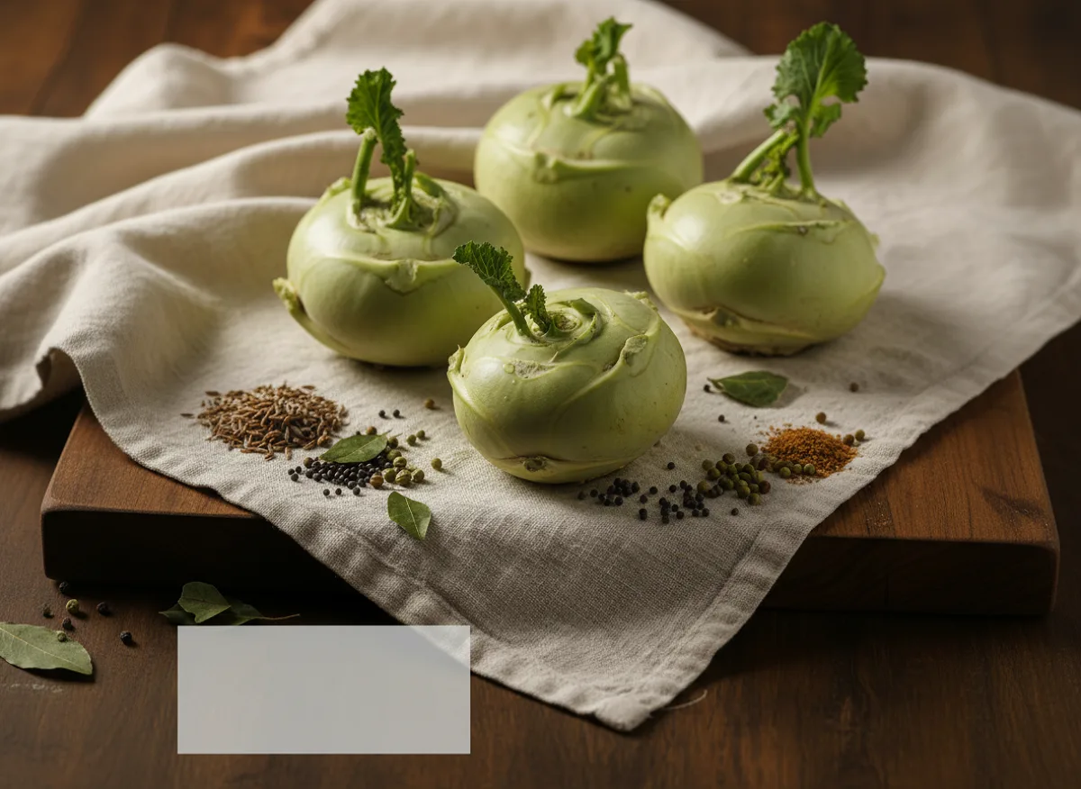 Fresh kohlrabi bulbs with green stems and leaves, pale green and purple varieties displayed together.