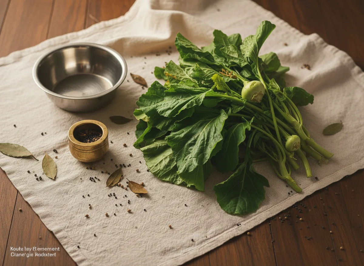 Fresh dark green knol-khol leaves with tender texture, ready for cooking