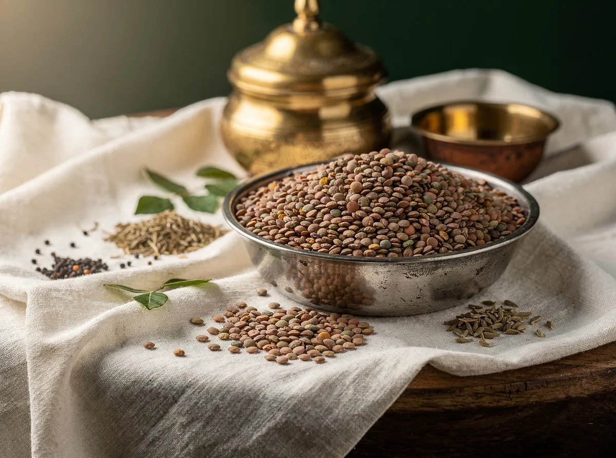Whole brown lentils (sabut masoor) in a pile, showing uniform round shape and earthy brown color.