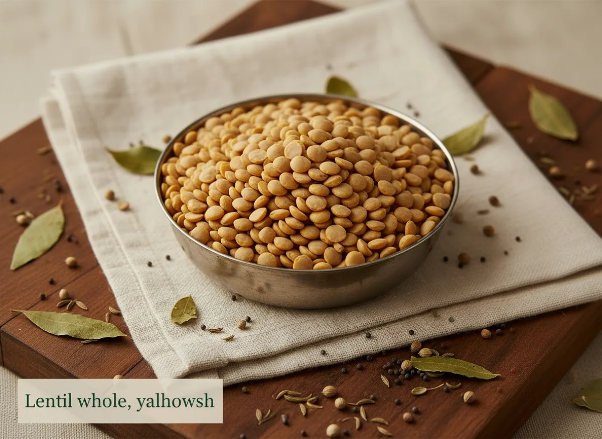 Whole yellow mung beans (साबुत मूंग) with characteristic white stripe, dried legume form.