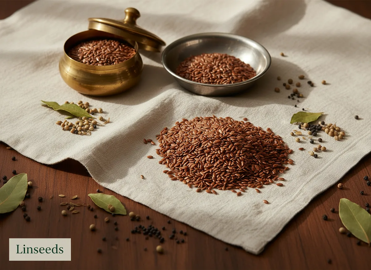 Small, flat, golden-brown flax seeds in a white bowl, whole and unprocessed.
