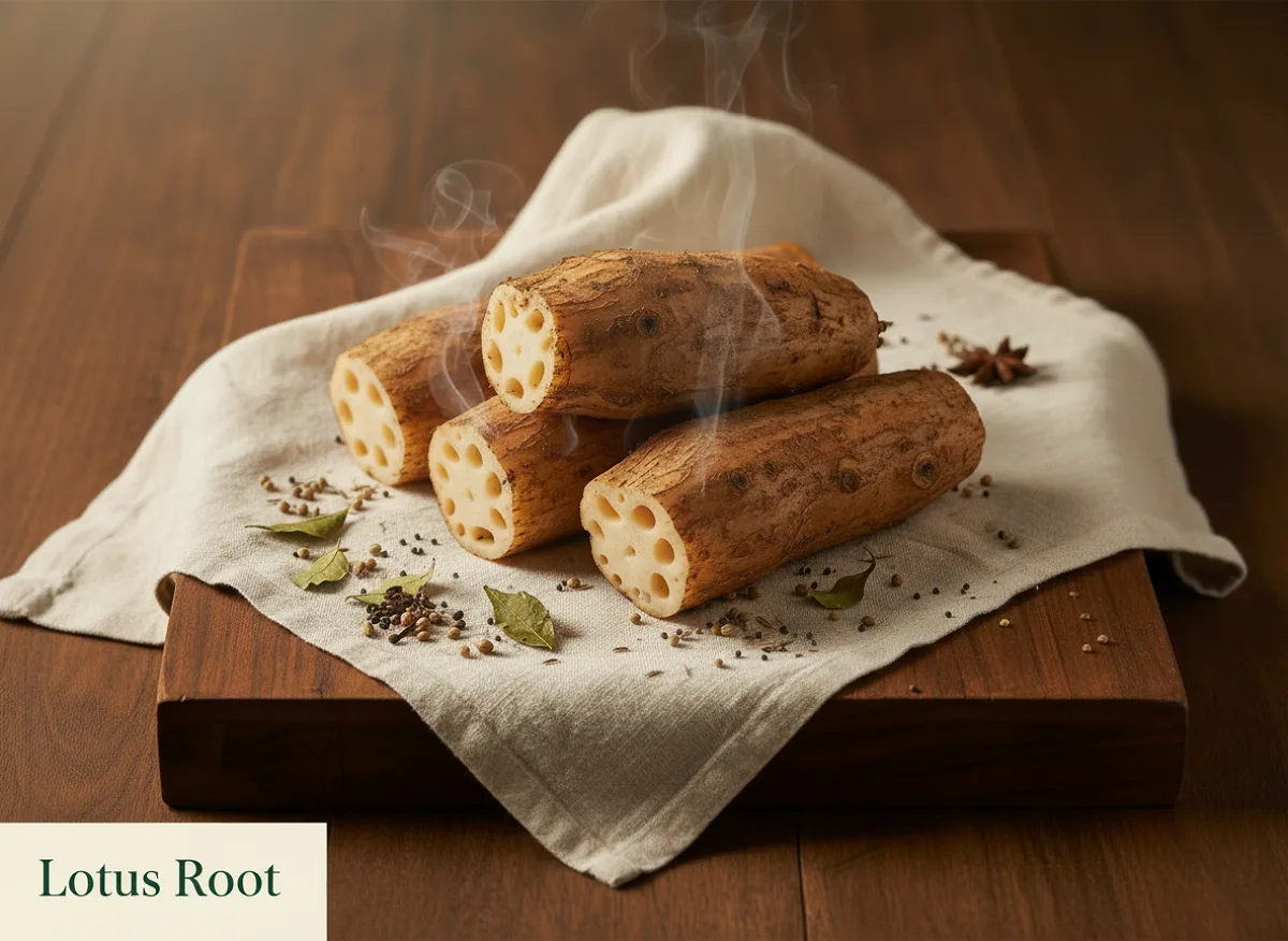 Fresh lotus root with cream-coloured flesh, showing characteristic air holes and natural ridged texture.