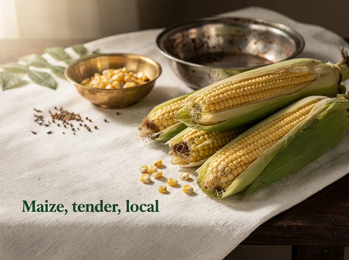 Fresh tender maize cobs with soft, milky yellow kernels and green husks.