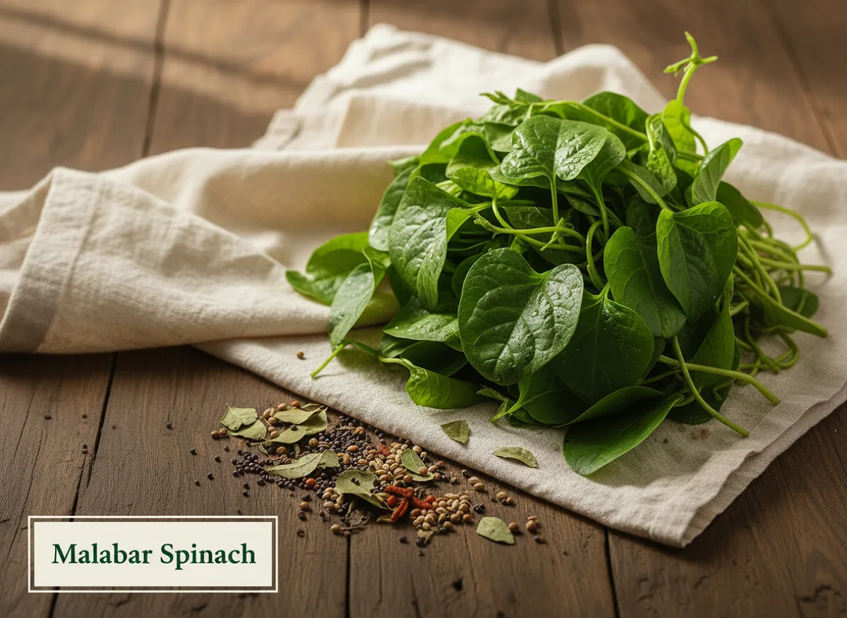 Fresh Malabar spinach (poi) with tender green leaves and soft stems in a bundle