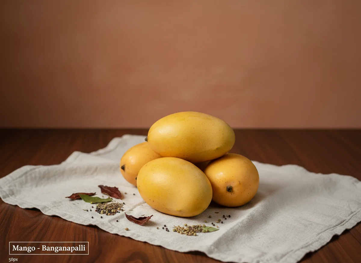 Fresh golden-yellow Banganapalli mangoes with smooth skin, whole and halved showing pale yellow flesh