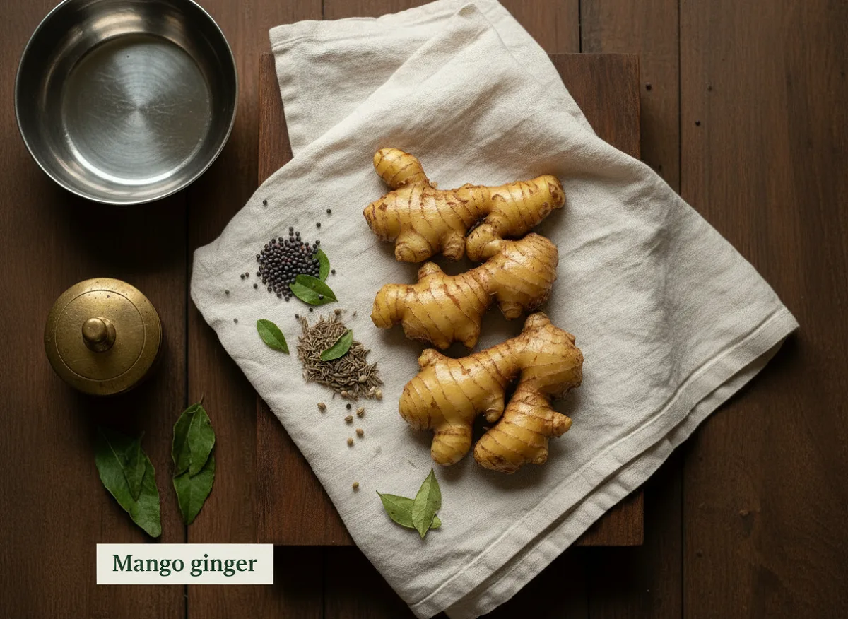 Fresh mango ginger rhizomes with pale yellow-orange skin, whole and sliced pieces on a wooden surface.
