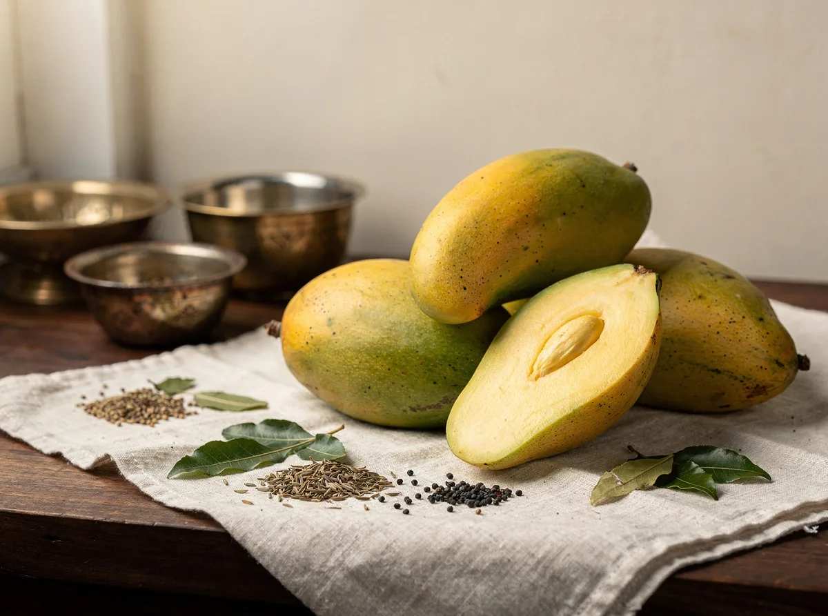 Fresh ripe mango with golden-yellow skin, whole fruit on white background