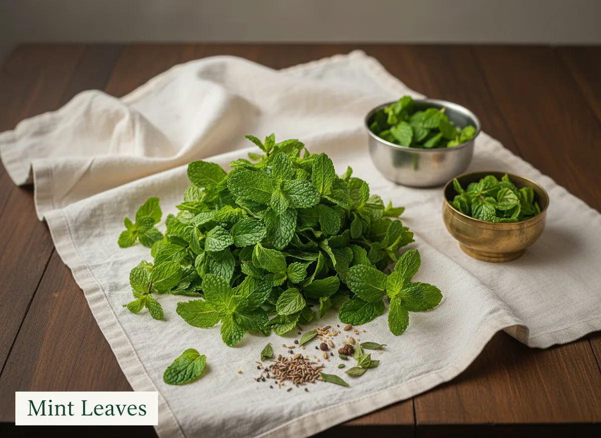 Fresh green mint leaves with visible veins, bright and aromatic, ready for culinary use.