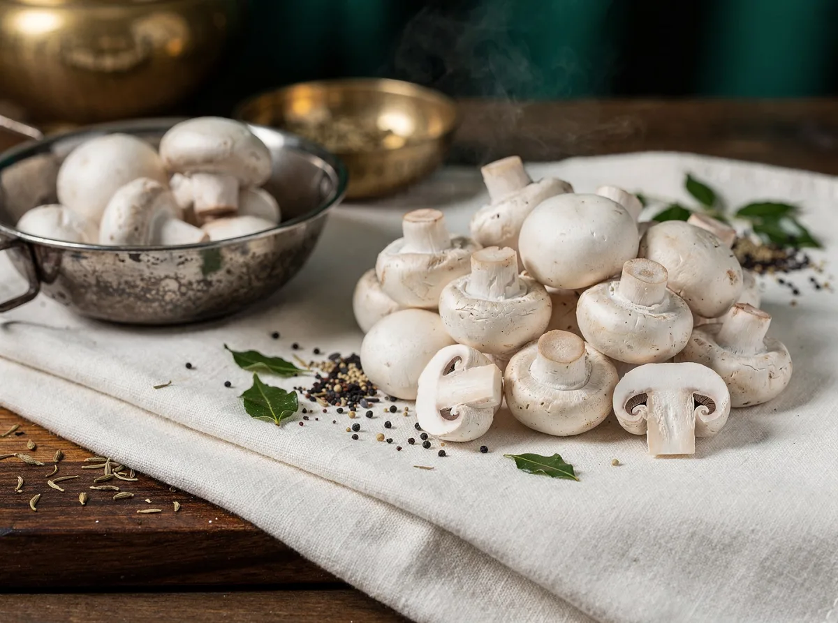 Fresh white button mushrooms with rounded caps, whole and halved, on a neutral background.