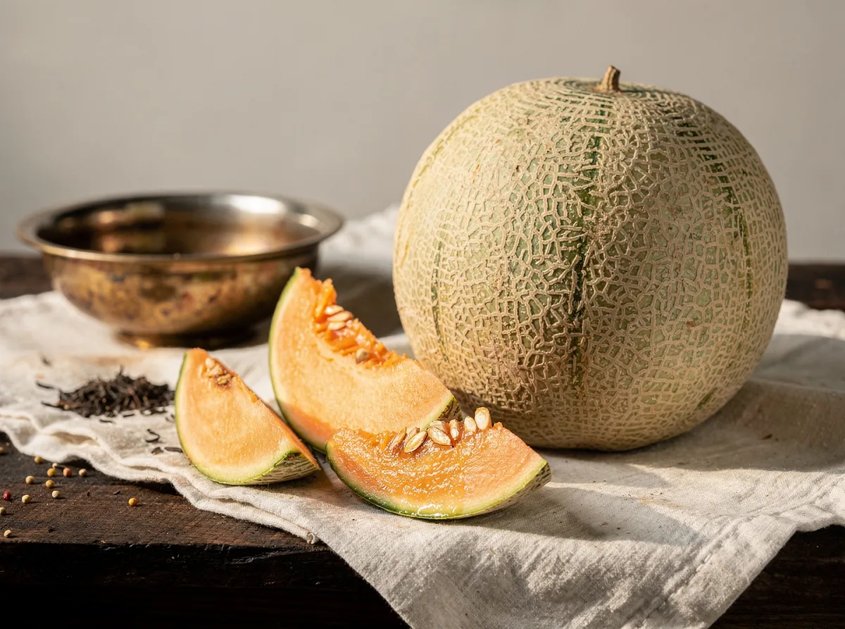 Fresh whole musk melon with netted golden-brown skin and halved melon showing orange flesh inside.