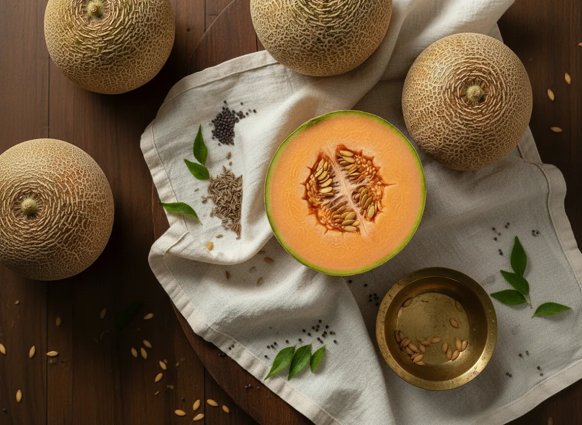 Whole muskmelon with netted beige skin and orange flesh, cut in half to show interior.