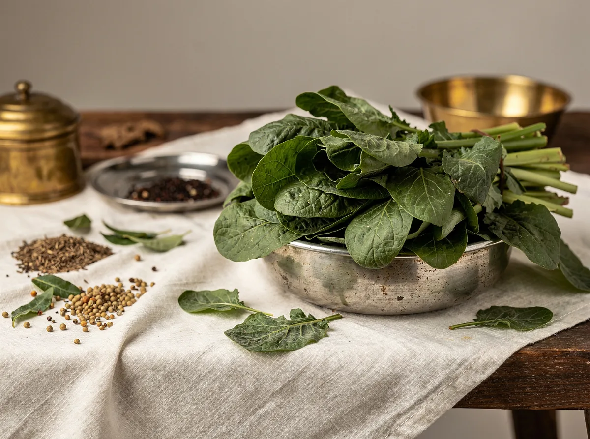 Fresh dark green mustard leaves with slightly wrinkled texture, whole and ready for cooking