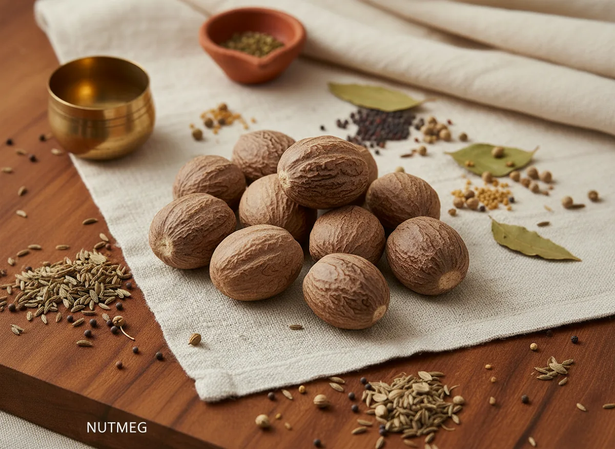 Whole dried nutmeg seeds, brown and oval-shaped, with natural texture and aroma.