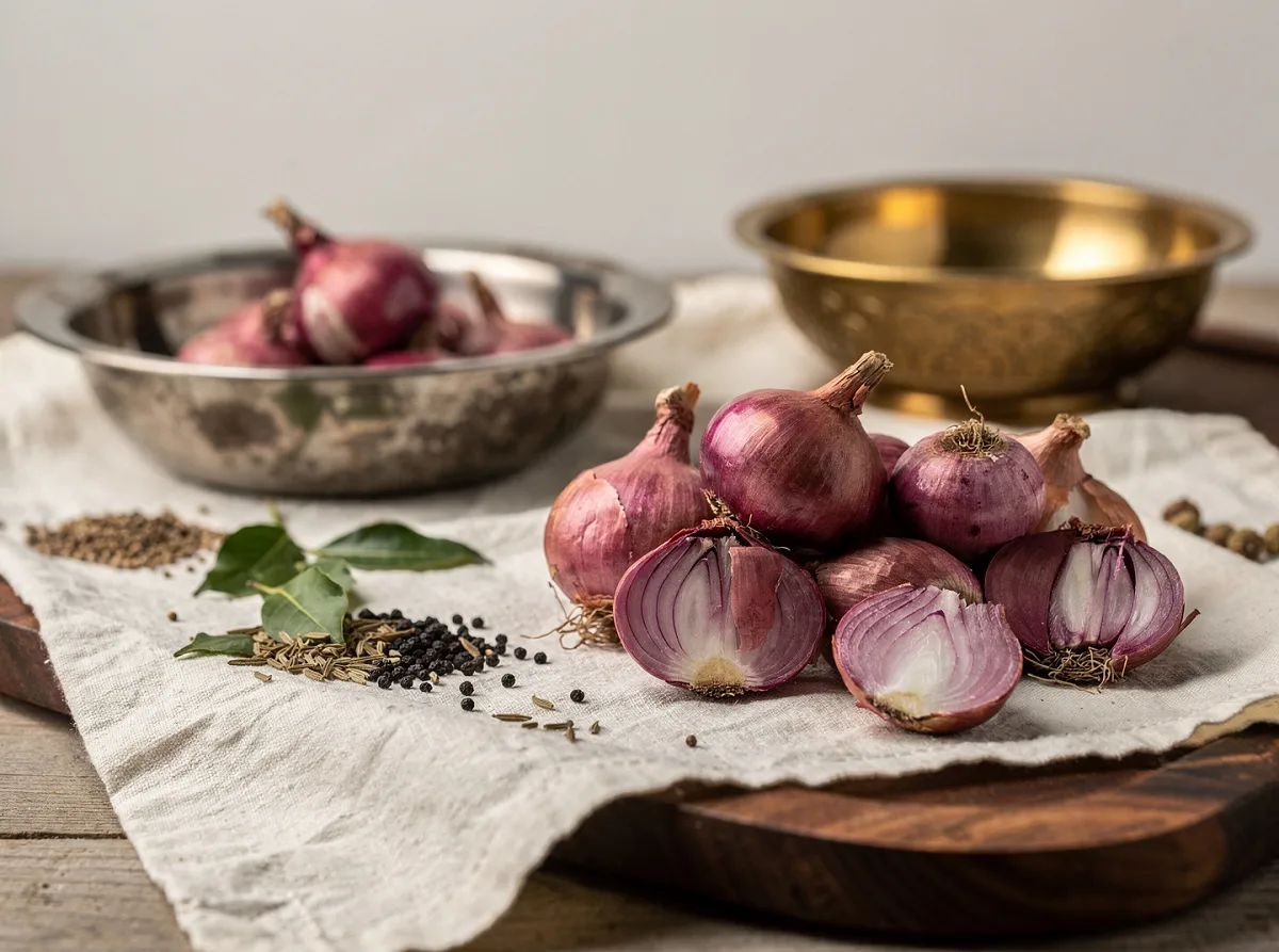 Small golden onions, whole and unpeeled, arranged on a white surface