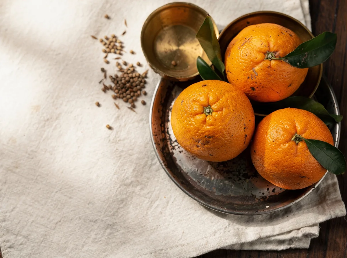 Fresh bright orange citrus fruit with thick dimpled peel, whole and halved showing juicy segments inside.