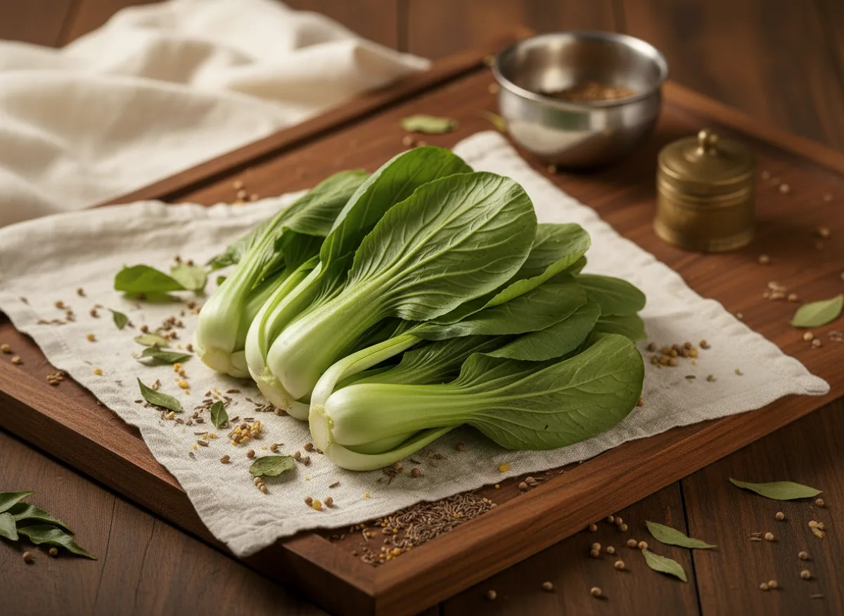 Fresh pak choi with white stems and dark green leaves, whole vegetable on white background