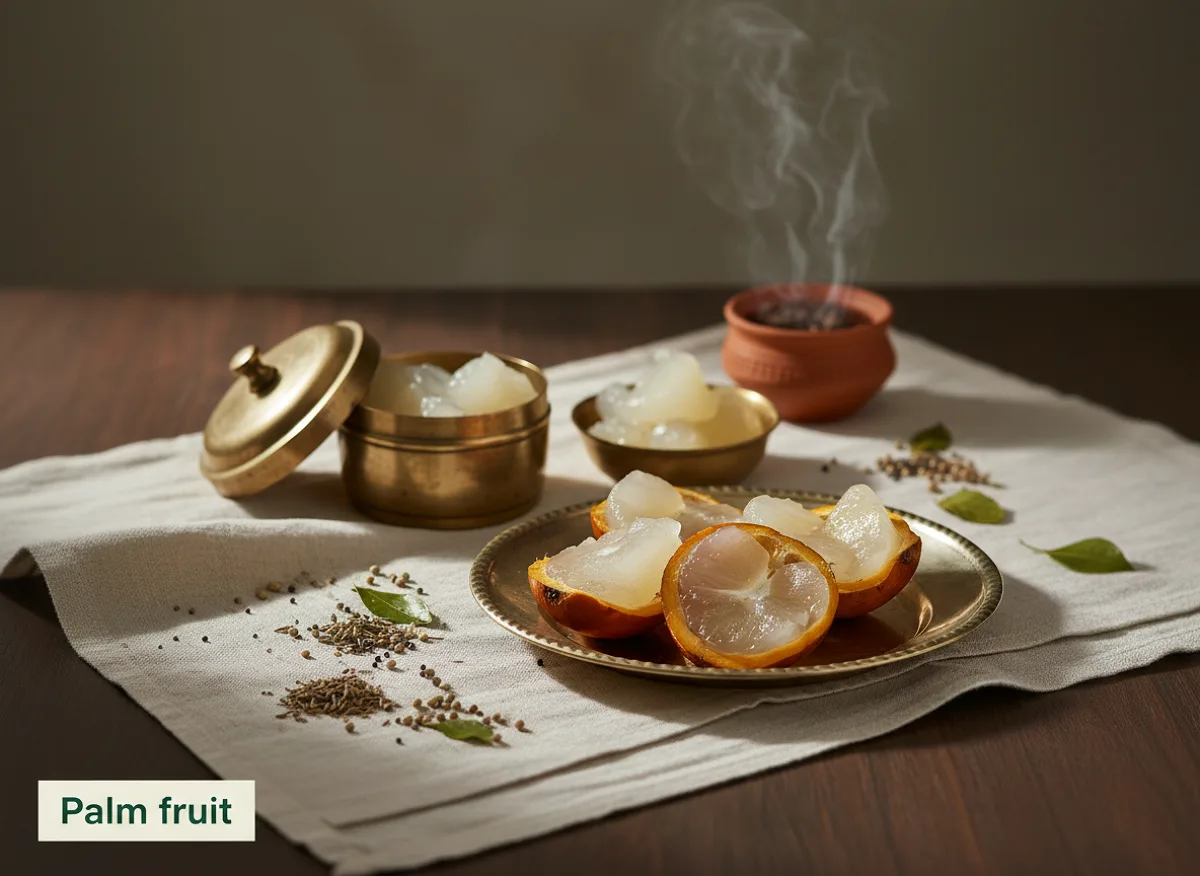Whole and halved palm fruit (ice apple) showing translucent jelly-like flesh and hard brown shell