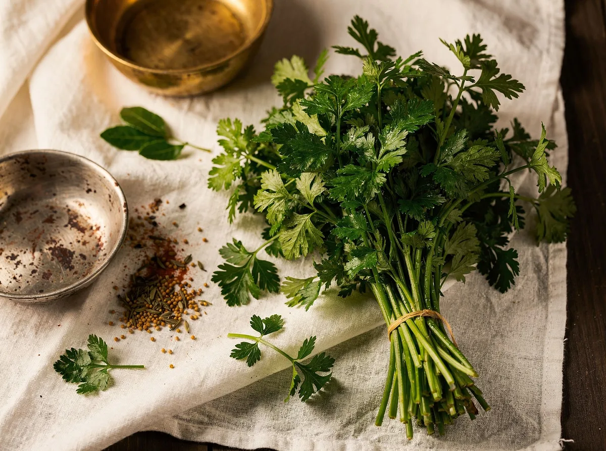 Fresh green parsley leaves with delicate, feathery fronds on tender stems.