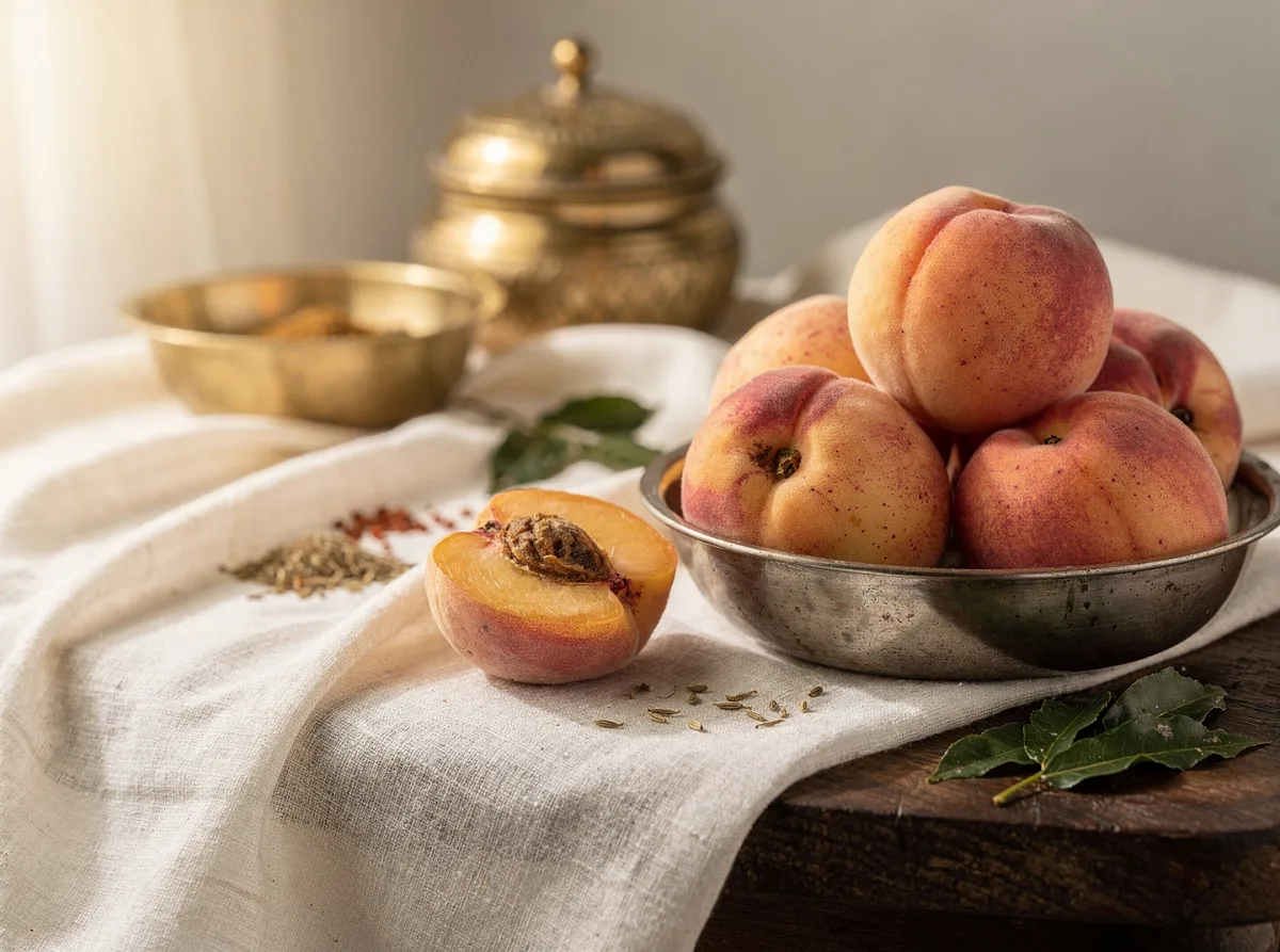 Fresh ripe peaches with soft fuzzy skin, golden-yellow and orange hue, whole and halved showing the pit.