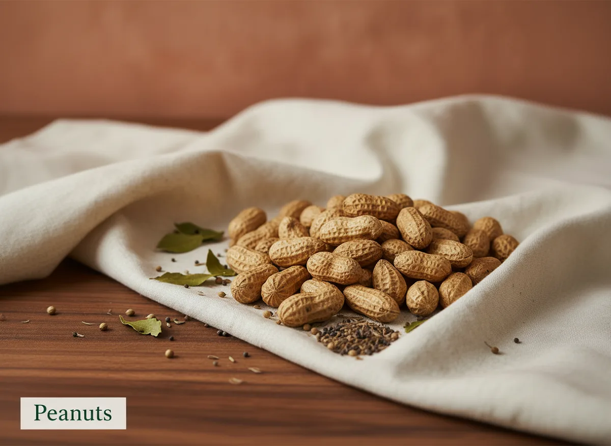 Whole peanuts in brown shells and shelled peanut kernels on a wooden surface