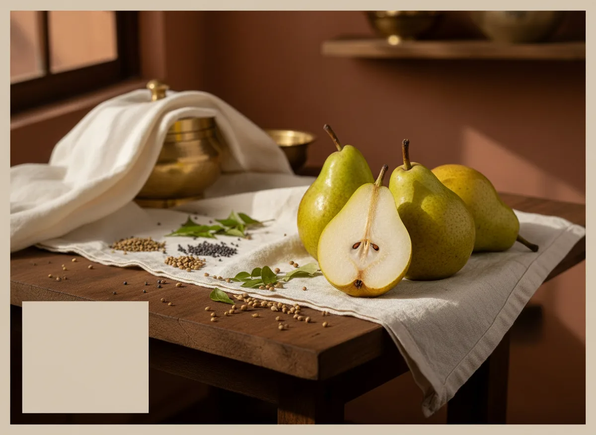 Fresh pear with light yellow-green skin, bell-shaped, whole fruit on white background