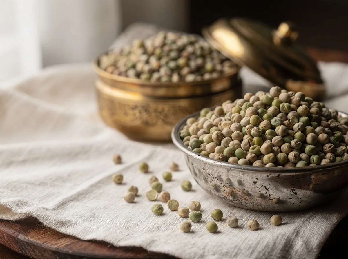 Dried whole peas, small round green and yellow legume grains in a bowl