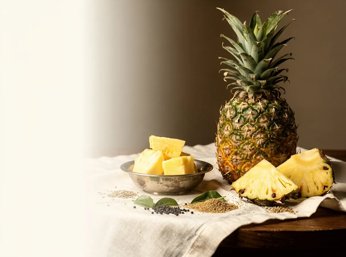 Fresh whole pineapple with golden-brown textured skin and green crown leaves on white background.