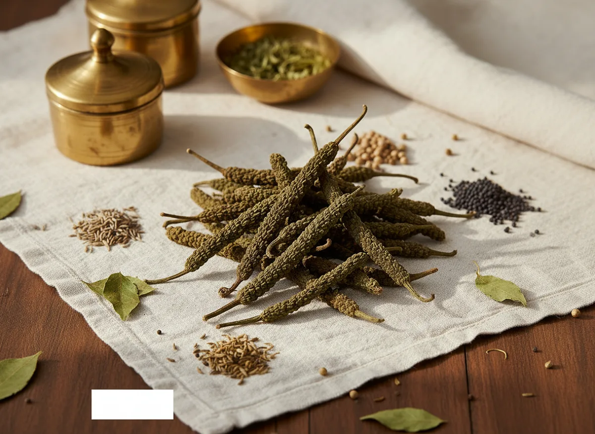 Dried long pepper (pippali) whole spice with dark brown color and clustered berry texture IMAGE