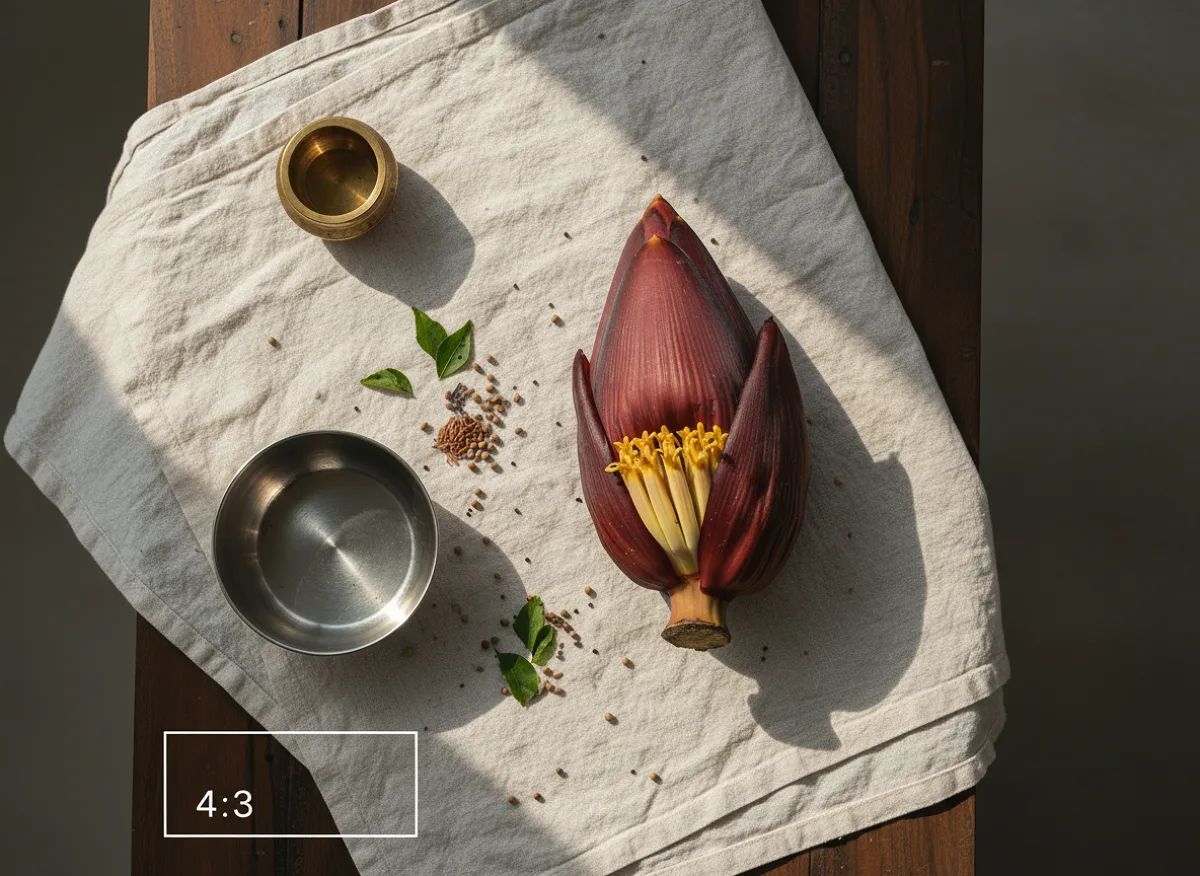 Fresh dark purple plantain flower with layered petals, whole and unpeeled, on a light background.