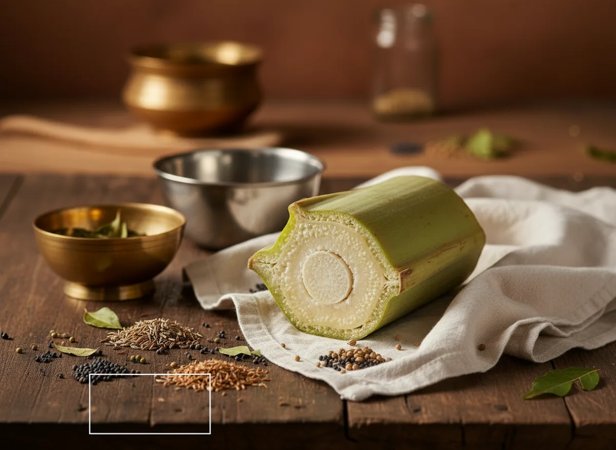 Fresh pale plantain stem rings and chopped pieces, ready for cooking in curry or stir-fry.