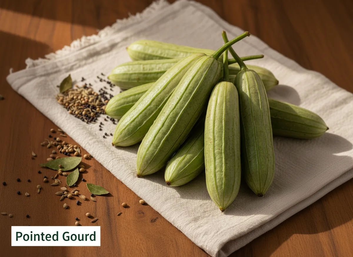 Fresh green pointed gourd (parwal) with smooth skin and tapered ends, whole and sliced pieces
