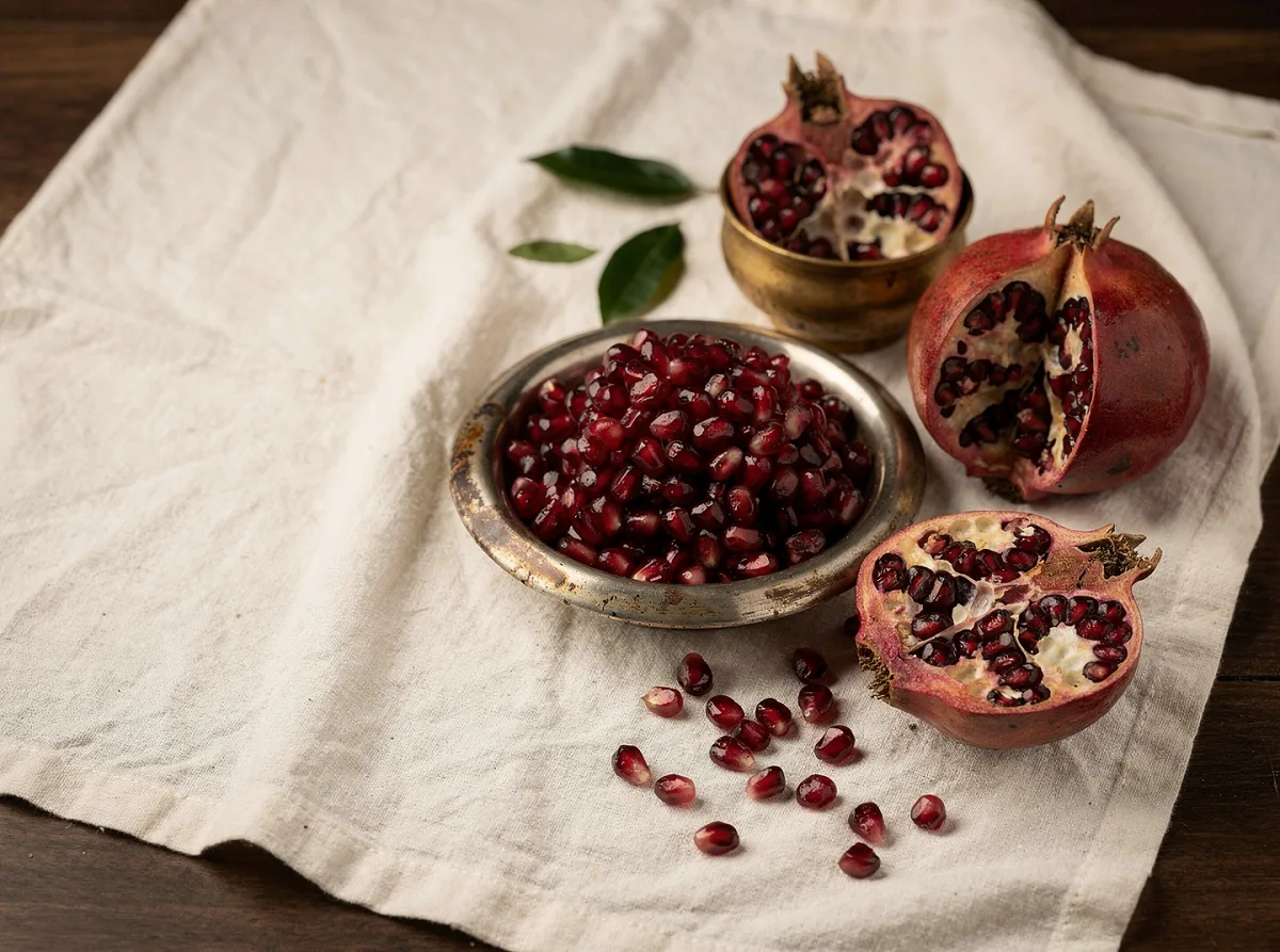 Fresh pomegranate with deep red skin, whole fruit and opened half showing ruby-red arils inside.
