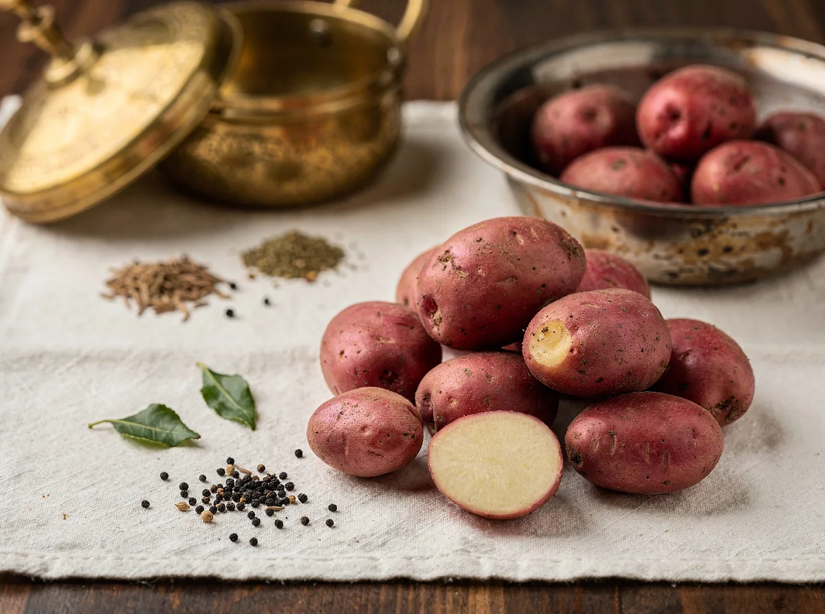 Fresh red-skinned potatoes with light cream-coloured flesh, whole and halved, on a neutral background.