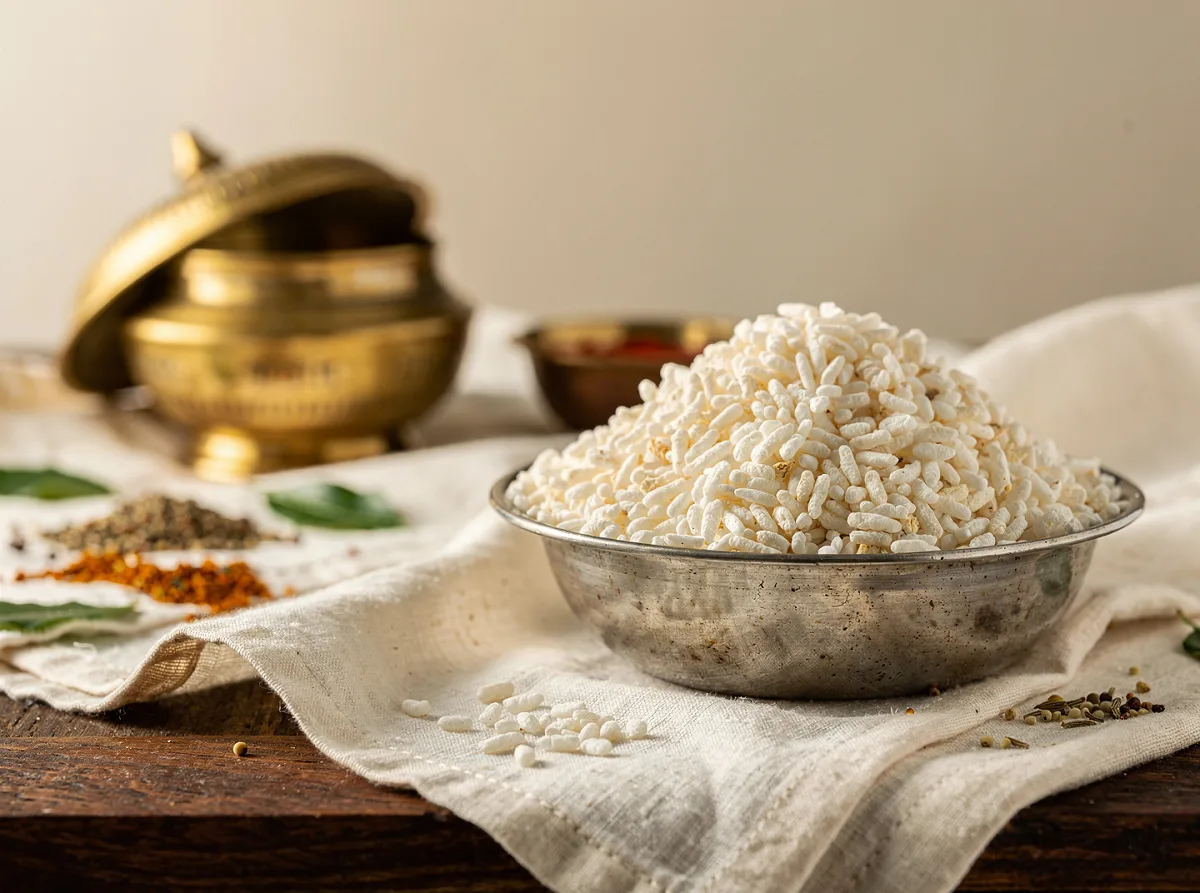 Close-up of white, crispy puffed rice grains (murmure) in a clear glass bowl.