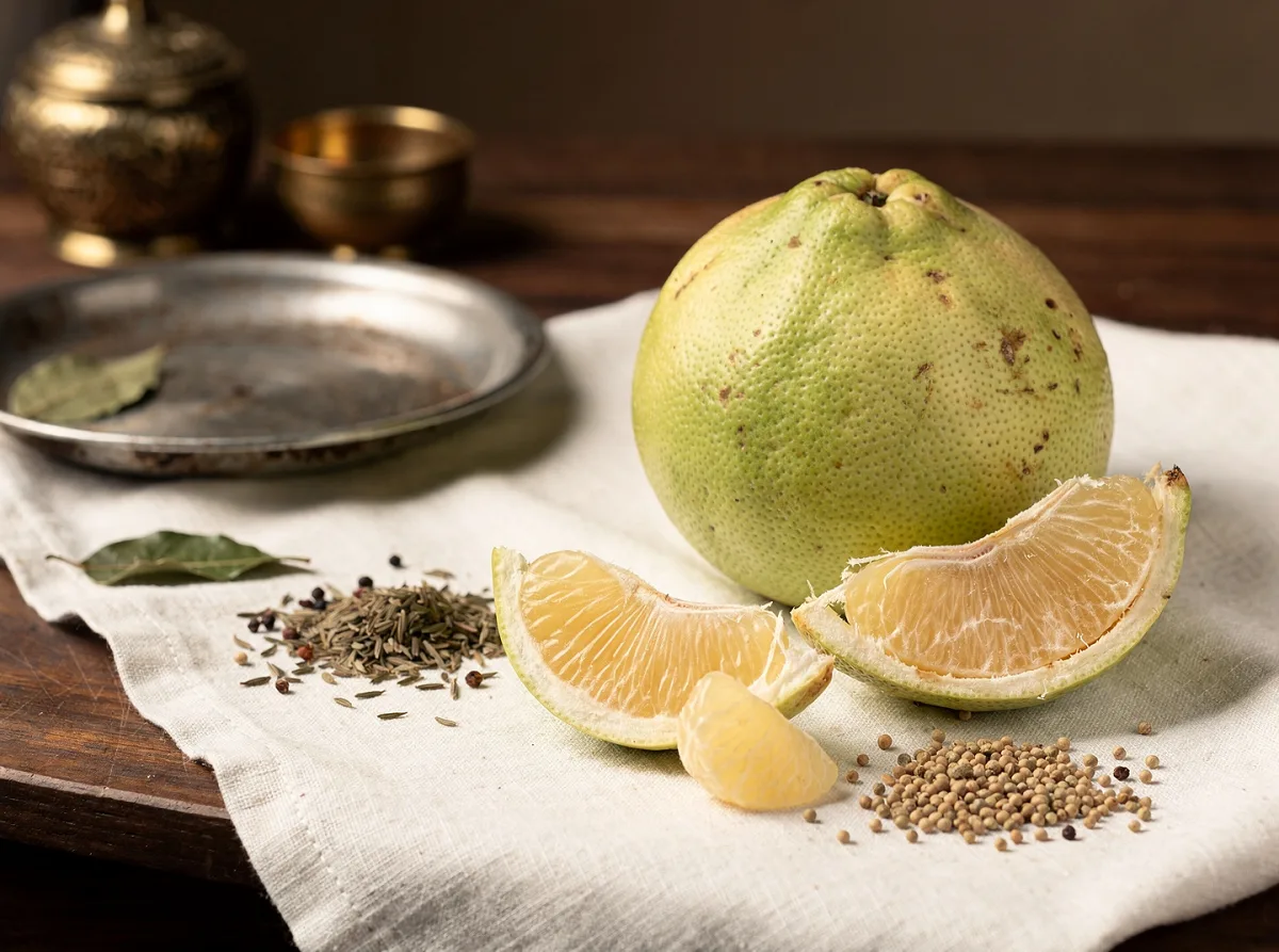 Fresh pummelo fruit with thick pale yellow skin, whole and halved showing white juicy flesh and segments.
